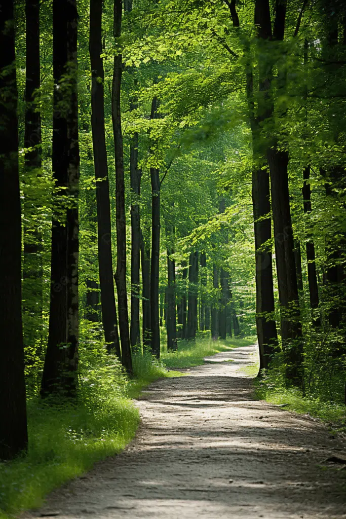 Ruhiger Waldweg mit sanftem Licht – Symbol für innere Ruhe und Wege aus der Angst